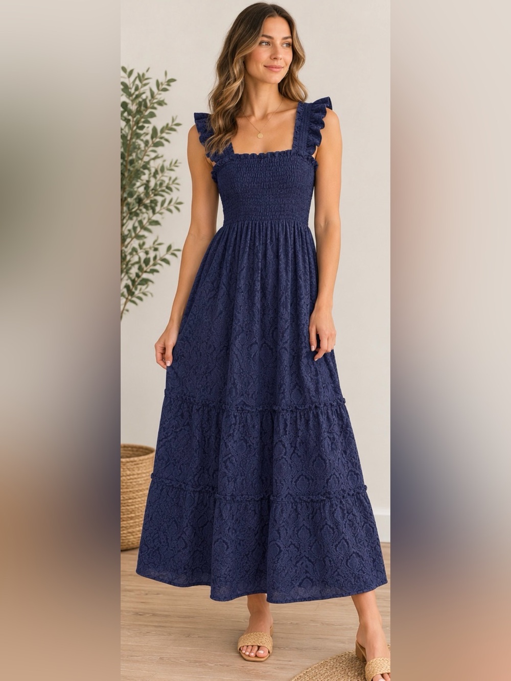 ✨🌙💙 Hill House Home The Nap Dress™ Smocked Ruffle Maxi Dress Size L 🤍🌿